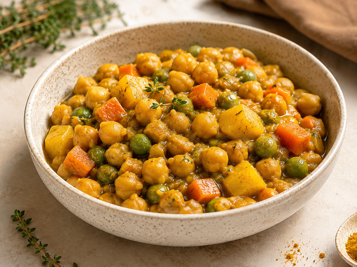 Bowl of curried chickpeas with carrots and peas