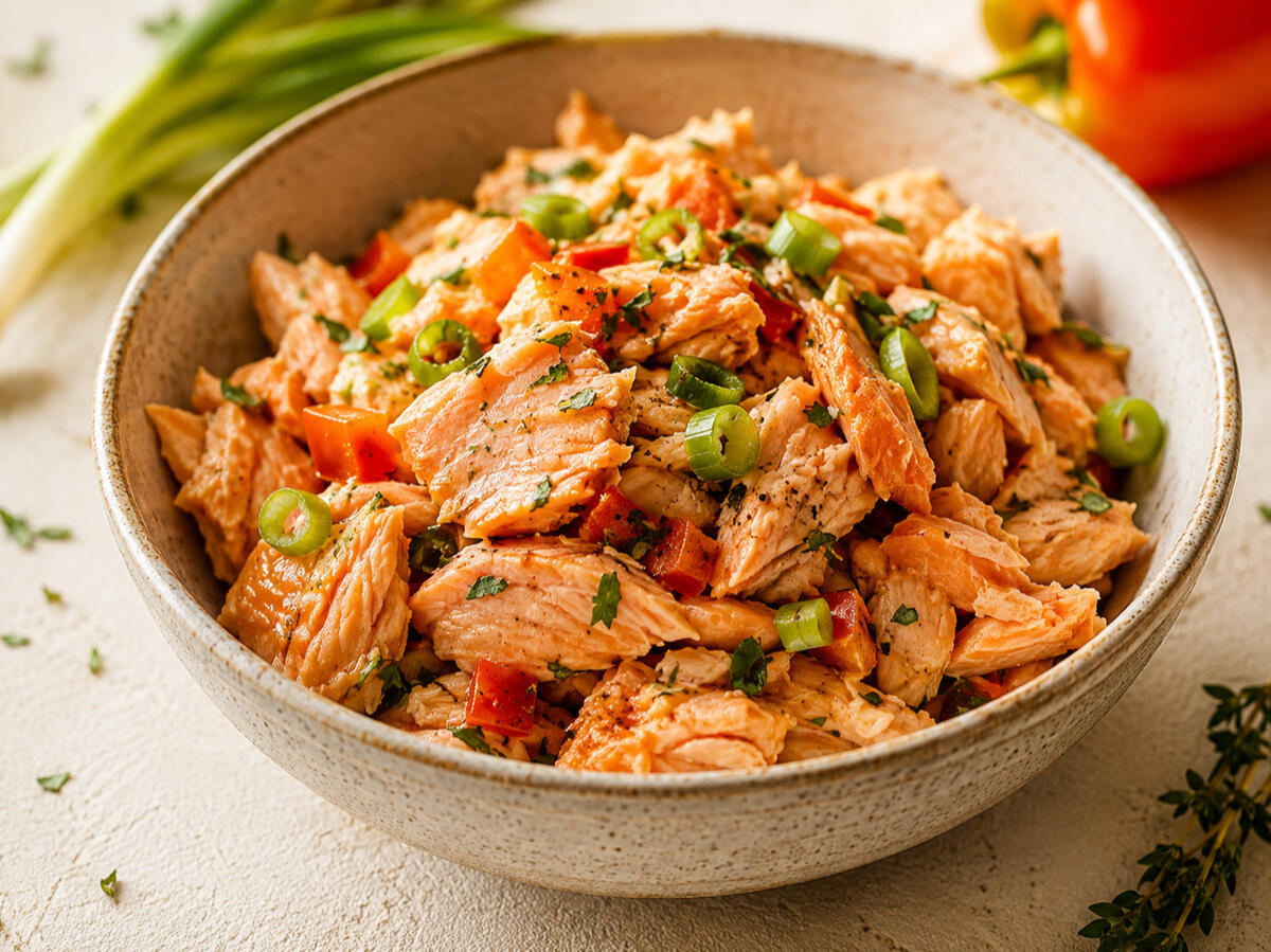 Bowl of creamy seasoned salmon with peppers